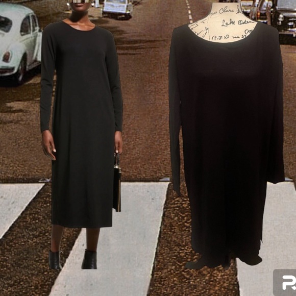 EILEEN FISHER BLACK MIDI LINEN DRESS MEDIUM LARGE - Picture 3 of 7
